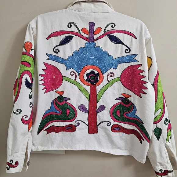 Vintage S Collection DenimJacket Heavily Embroidered Birds Floral FolkArt Medium - Picture 2 of 8